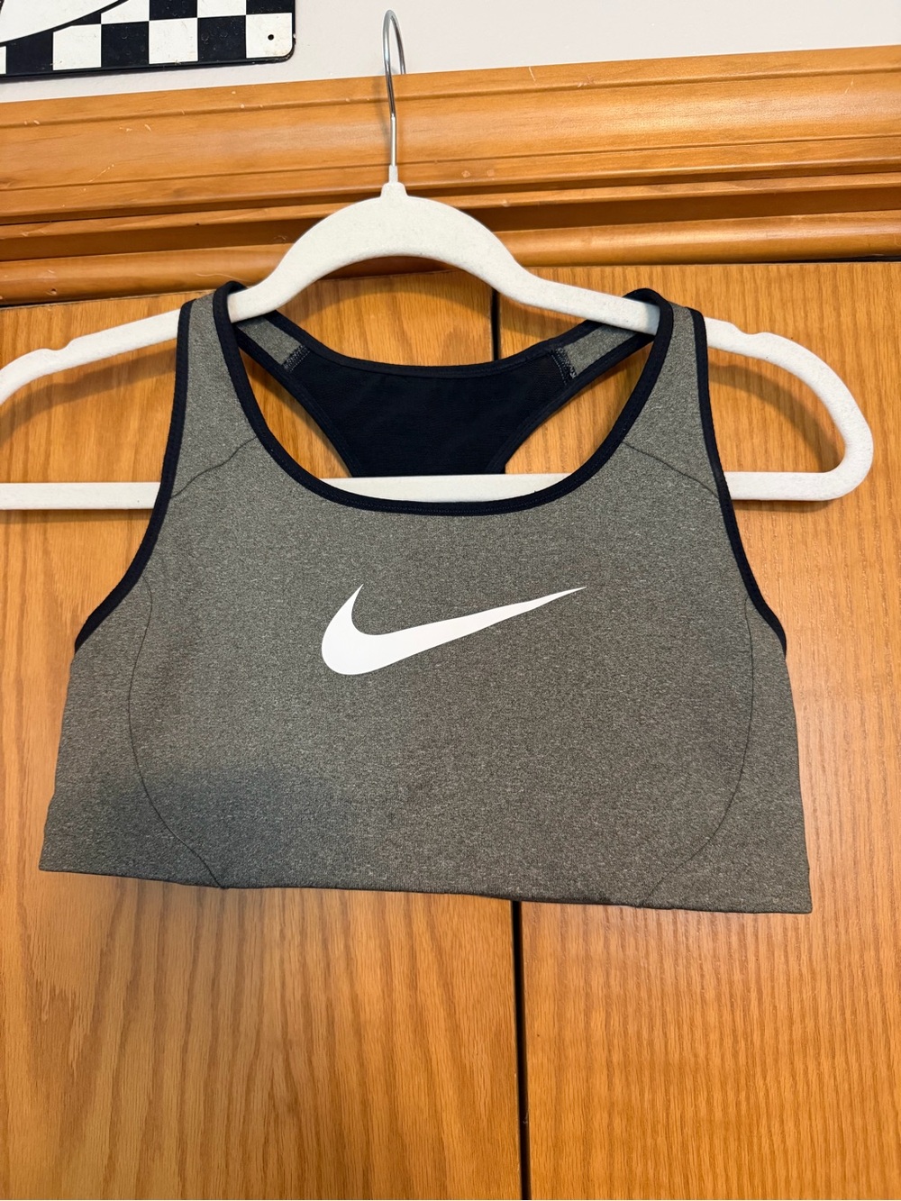 Nike Gray and Navy Racerback Sports Bra with White Swoosh